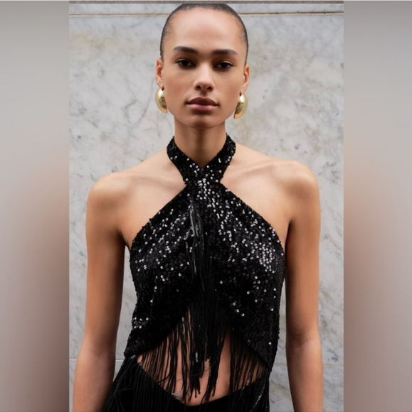 ❌️SOLD❌️FRINGED SEQUIN HALTER NECK JUMPSUIT SIZE S - Picture 7 of 11